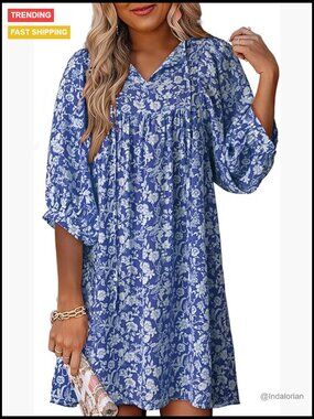 Chiffon Boho Floral Mini Dress with Drawstring V-Neck Lantern Sleeves